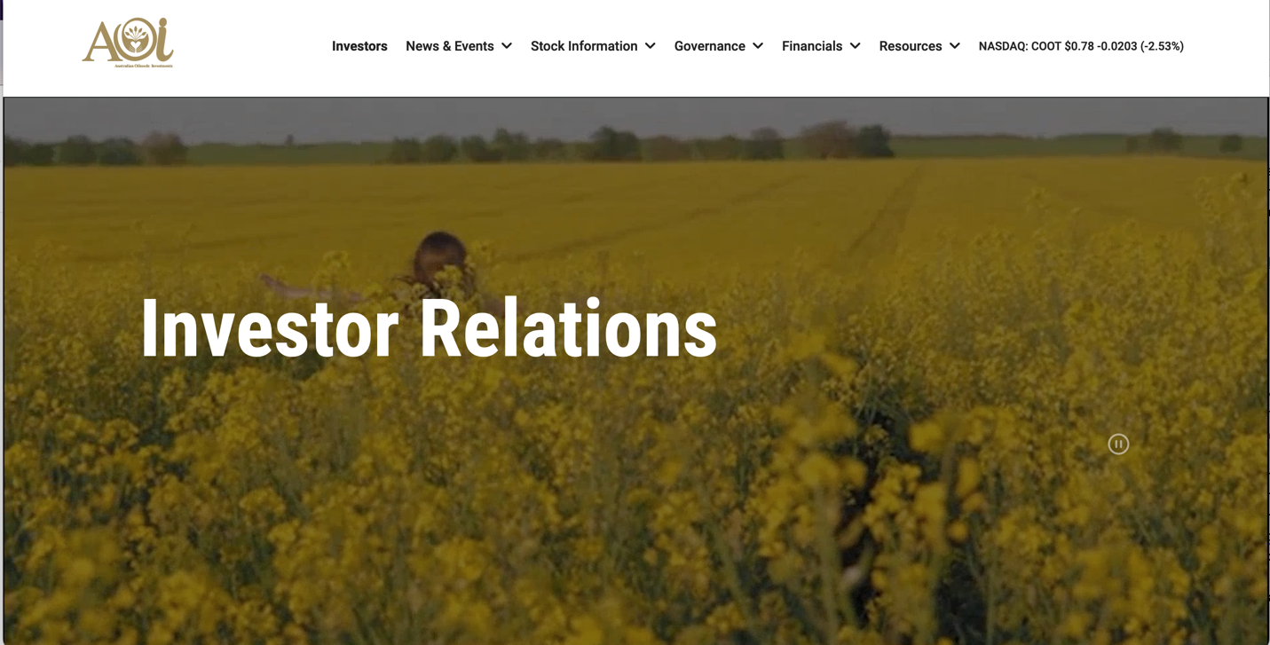 Australian Oilseeds announces launch of investment relationship section on website